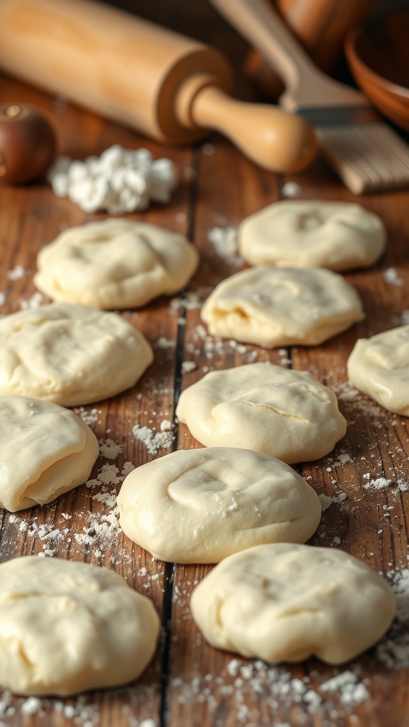 Perfect Dough Divider Recipe for Flaky Pastries Evenly divided pieces of fluffy dough on a rustic table, ready for baking.